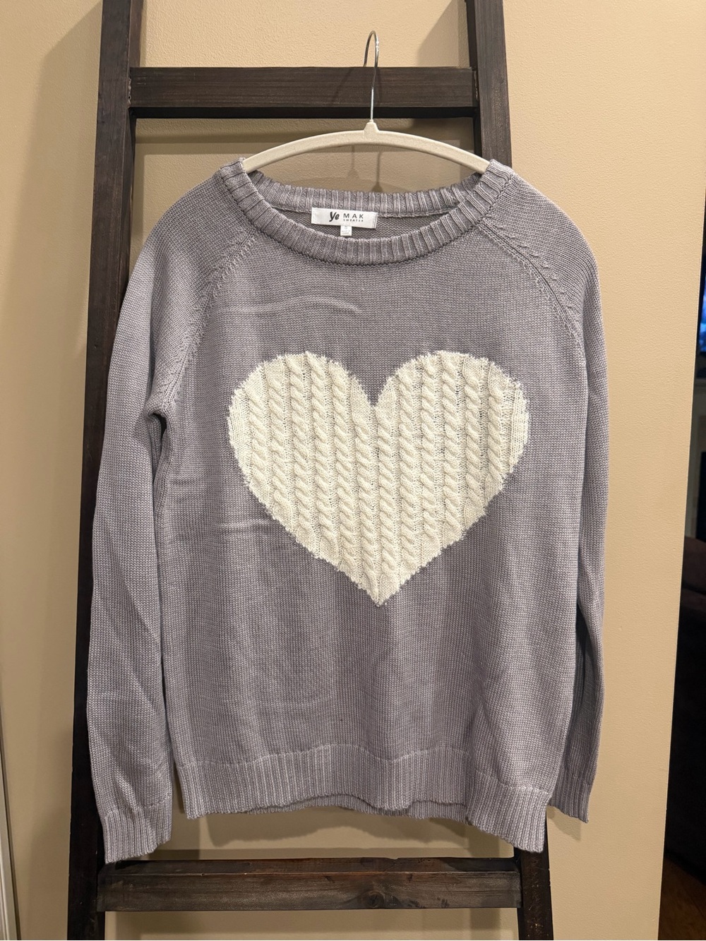 Ye Mak Gray Crewneck Sweater with White Heart
